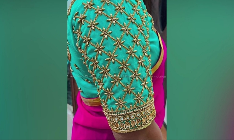 Golden Aari Work Hand Blouse Design