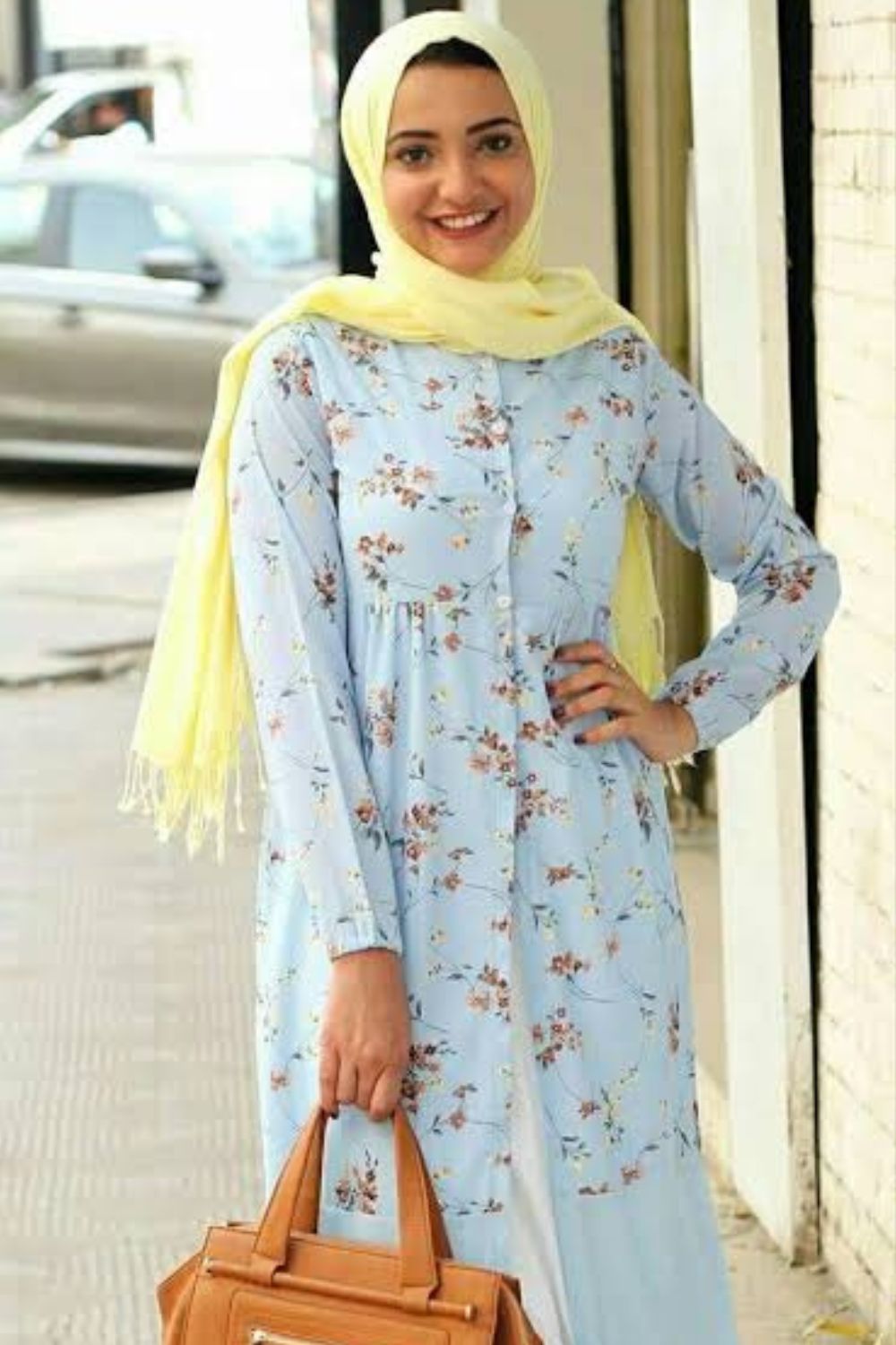 Yellow Color Hijab for Light Blue Dress