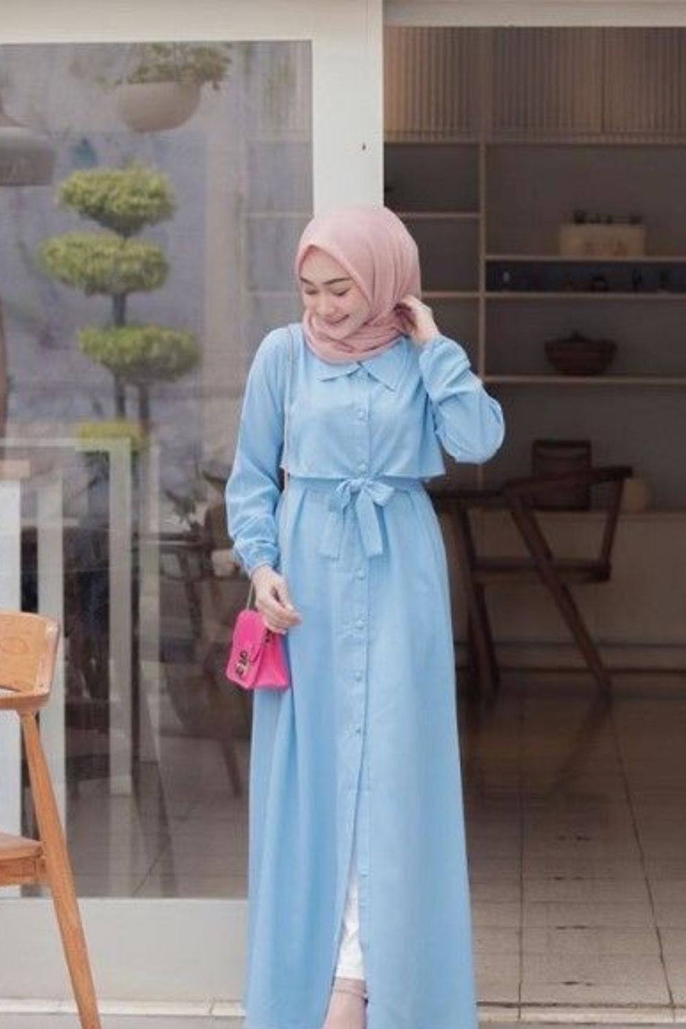 Nude Color Hijab for Light Blue Dress