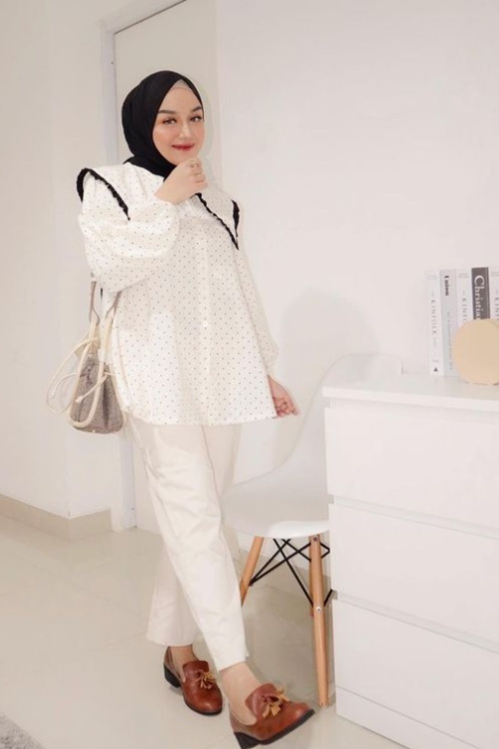 White Shirt with Black Polka Dot for White Trousers